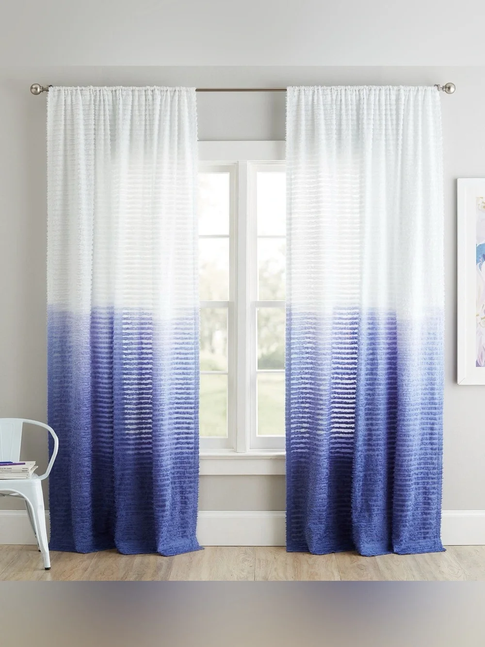 2 Pottery Barn Textural Ombre Window Curtain Set Dark Blue White 52